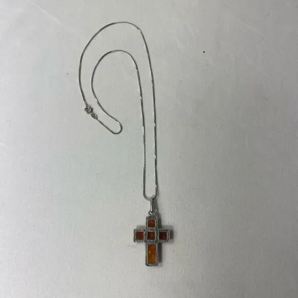 Vtg Estate Art Deco Sterling Silver Amber cross pendant and silver chain 925 - Picture 5 of 7